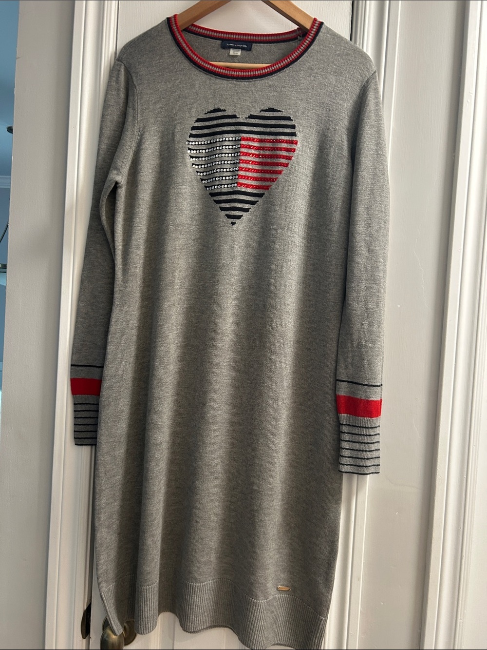 Tommy Hilfiger Gray Knit Sweater Dress with Red and Navy Heart